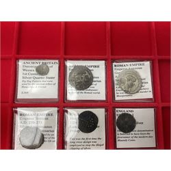 Ancient and later coinage, including Roman silver Denarius, Henry III 1216-1272 long-cross hammered silver penny, Elizabeth I 1568 hammered silver sixpence, Charles I 1625-1649 silver shilling etc, housed in a Lindner coin tray