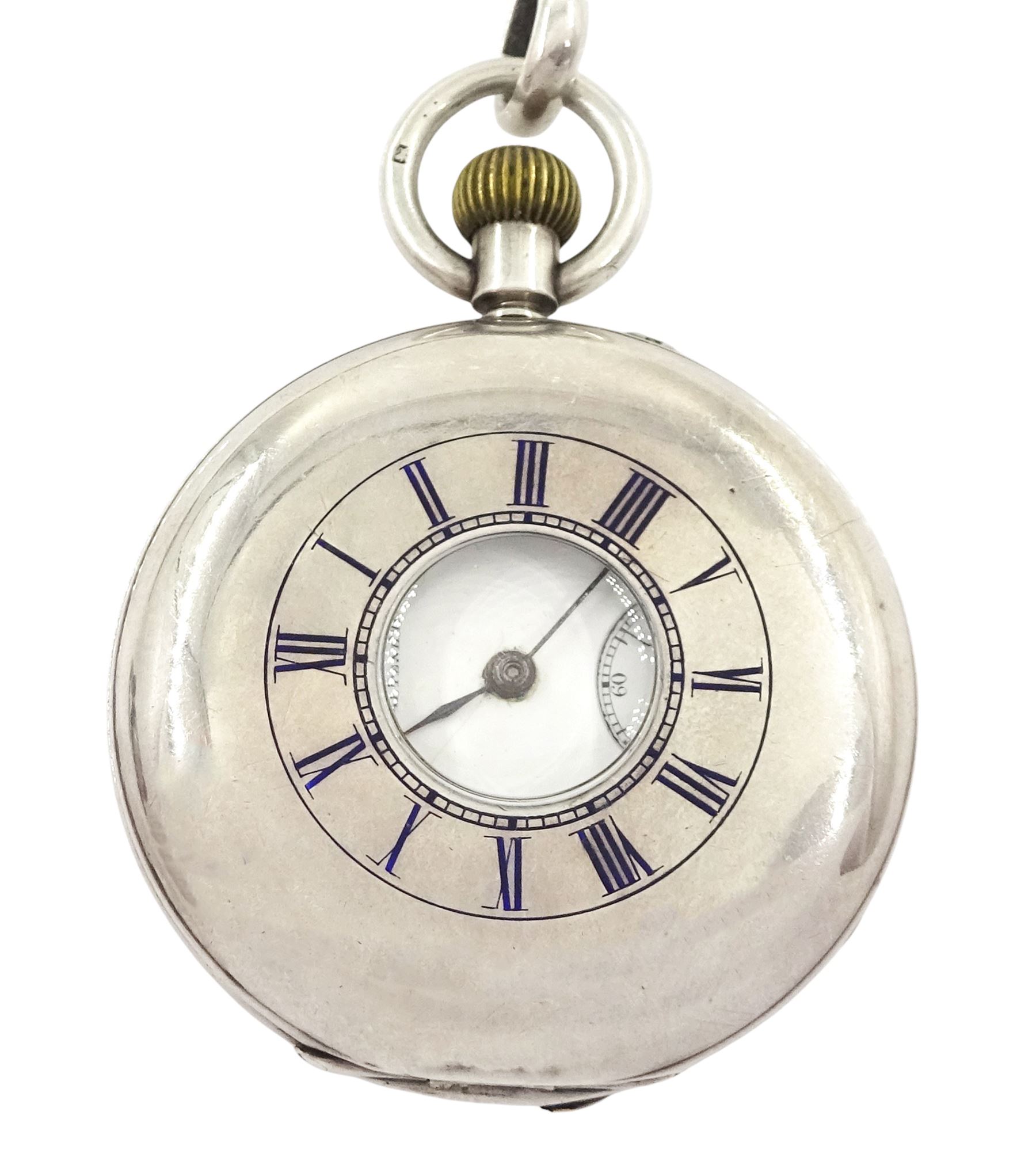 Victorian silver half hunter keyless lever pocket watch by Arthur Jack & Co, Cheltenham, No. 28881, white enamel dial with Roman numeral hour markers and subsidiary seconds dial, case by Errington Watch Company, Birmingham 1898, on silver Albert chain by Edwin Page, Chester 1904 with additional silver case