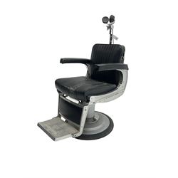 Belmont - mid 20th century barber's chair, upholstered in black leather finish fabric with chrome frame, hydraulic and swivel action 