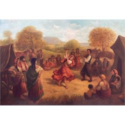 H Gerard (French 19th/20th century): Gypsy Dancers, large oil on canvas signed 68cm x 97cm in swept gilt frame