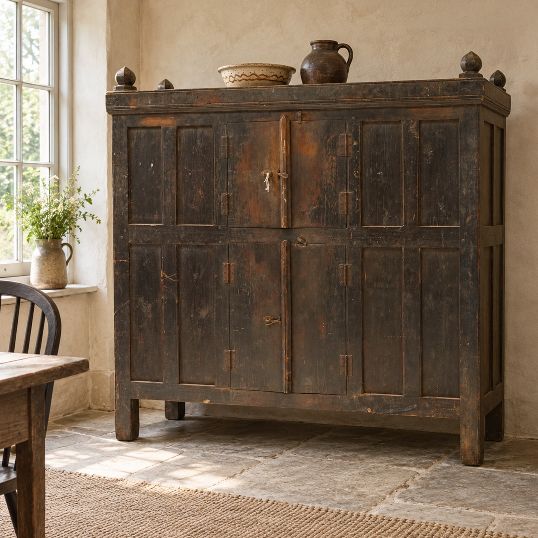 19th century oak hutch cupboard, plank top with moulded cornice and turned finials, panelled front enclosed by two tiers of central double doors with iron hinges and wooden latches, flanked by fixed fielded panels, on stile supports