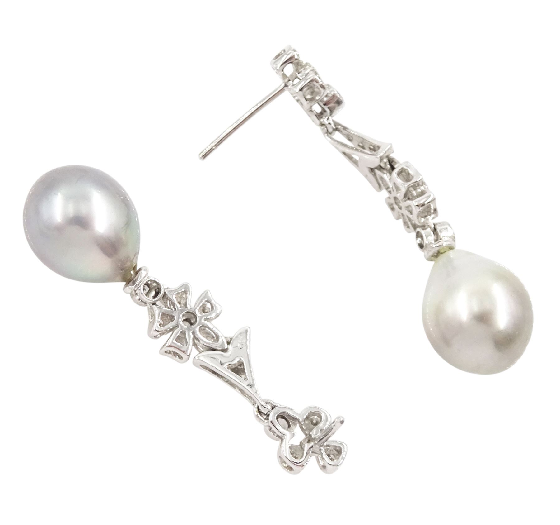 Pair of 18ct white gold pearl and diamond pendant stud earrings, cultured grey pearl, suspended from milgrain set, round brilliant cut diamond pendants, stamped 750