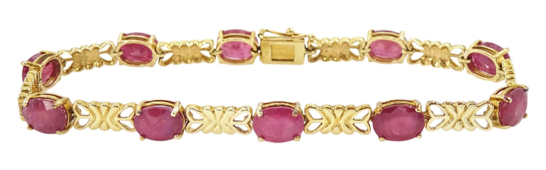 9ct gold oval cut ruby bracelet, stamped 375, total ruby weight approx 16.90 carat