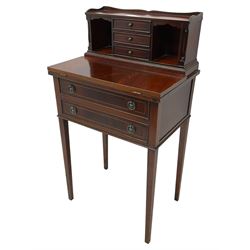 Late 20th century mahogany writing desk, raised back with three small drawers, fold-over top with green leather inset, fitted with two long cock-beaded drawers, on square tapering supports