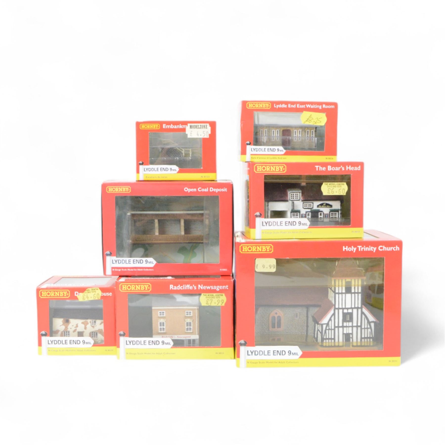 Thirty Hornby N gauge Lyddle End model railway trackside buildings, including N8031 Holy Trinity Church, N8575 Coal Drop, N8033 Radcliffe's Newsagent and N8002 Small Waiting Room, all boxed