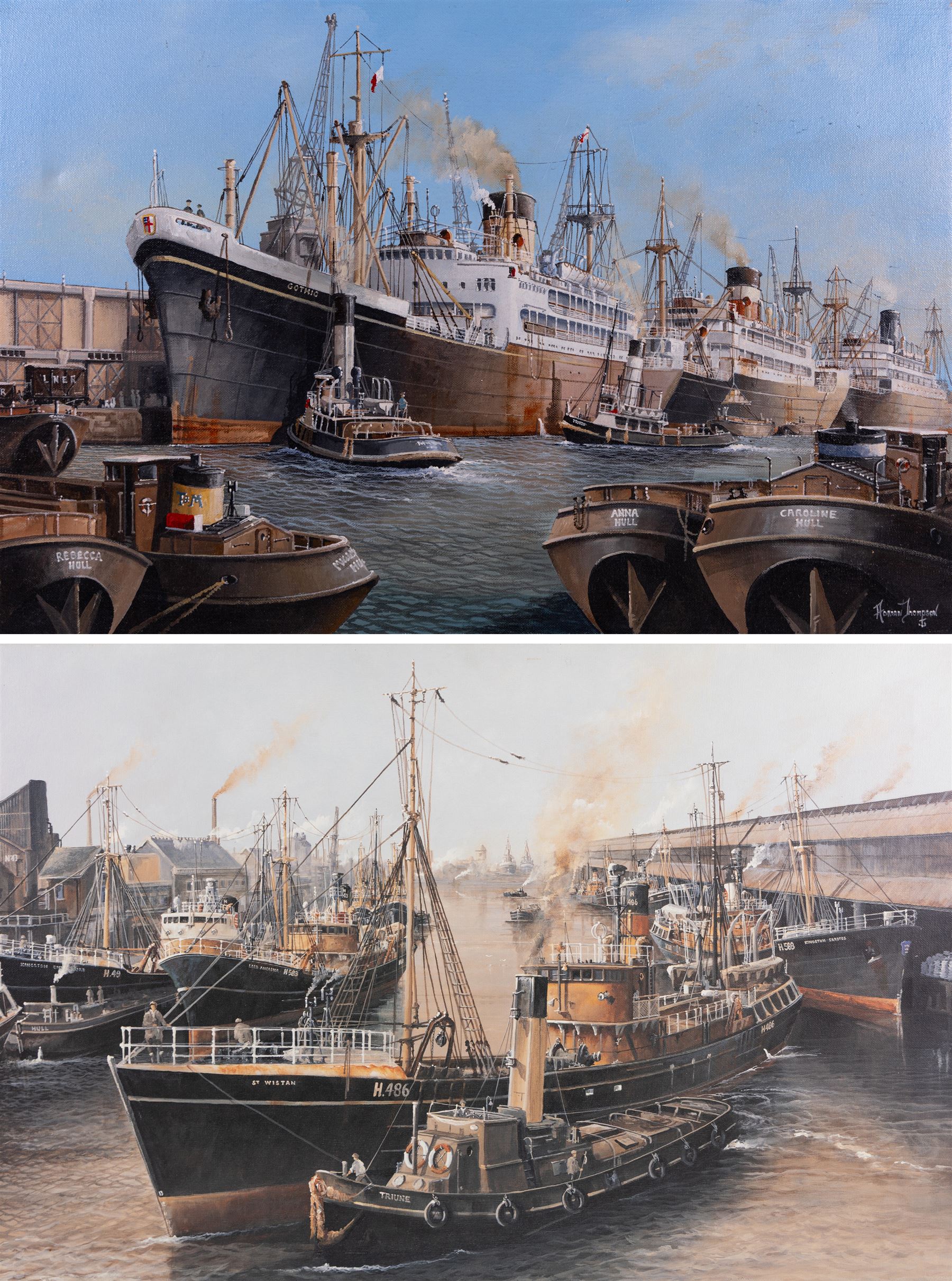 Adrian Thompson (British 1960-): The SS Gothic Docked in a Shipping Yard, oil on canvas signed 51cm x 76cm; together with another print (2) (unframed)