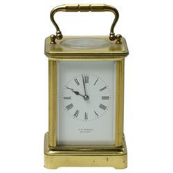 Early 20th century carriage clock, the white enamel dial inscribed F G Russell, Malvern wi...