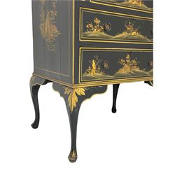 Early 20th century Chinoiserie lacquered bureau, raised gilt decoration, fall front enclosing divisions and drawer, three graduating long drawers, on cabriole supports