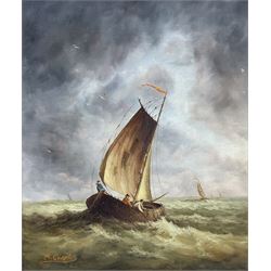 Ronald Cavalla (British 1940-): Fishing Boat on a Stormy Sea, oil on canvas signed 30cm x 25cm