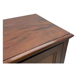 Victorian mahogany cupboard, plain rectangular top above two fielded panel doors opening to shelved interior, raised on a moulded plinth base, with later replacement knob handles