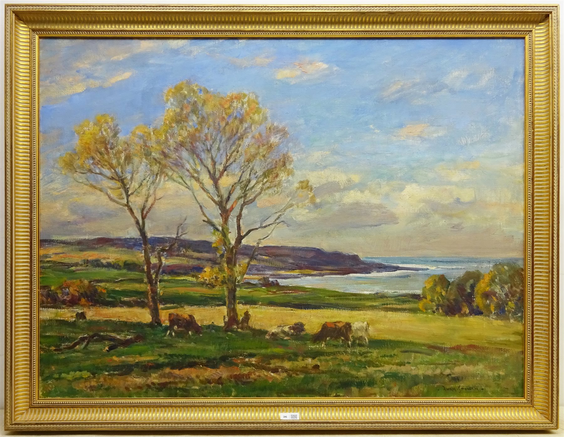 Owen Bowen (Staithes Group 1873-1967): Cattle Grazing on the Banks of the Solway Firth, oil on canvas signed 75cm x 100cm


