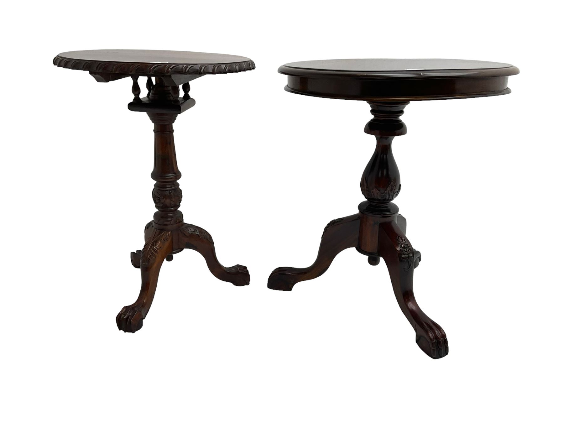 Georgian design mahogany pedestal occasional table, carved edge over birdcage action support, tripod base with acanthus leaf decoration and ball and claw feet (W50cm H70cm); Georgian design occasional table, circular top over vasiform pedestal with tripod base (W59cm H70cm)