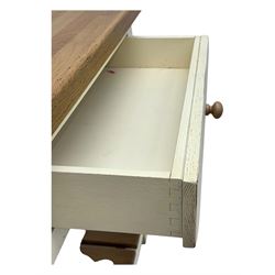 Fired Earth - contemporary Bastide style console table, oak top over cream painted frame fitted with two drawers and turned wooden handles, above a slatted oak undertier, raised on square supports