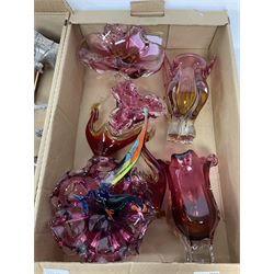 Two silver plated twin branch candelabras and candlestick, together with a coppered effect candlestick, cranberry art glass etc