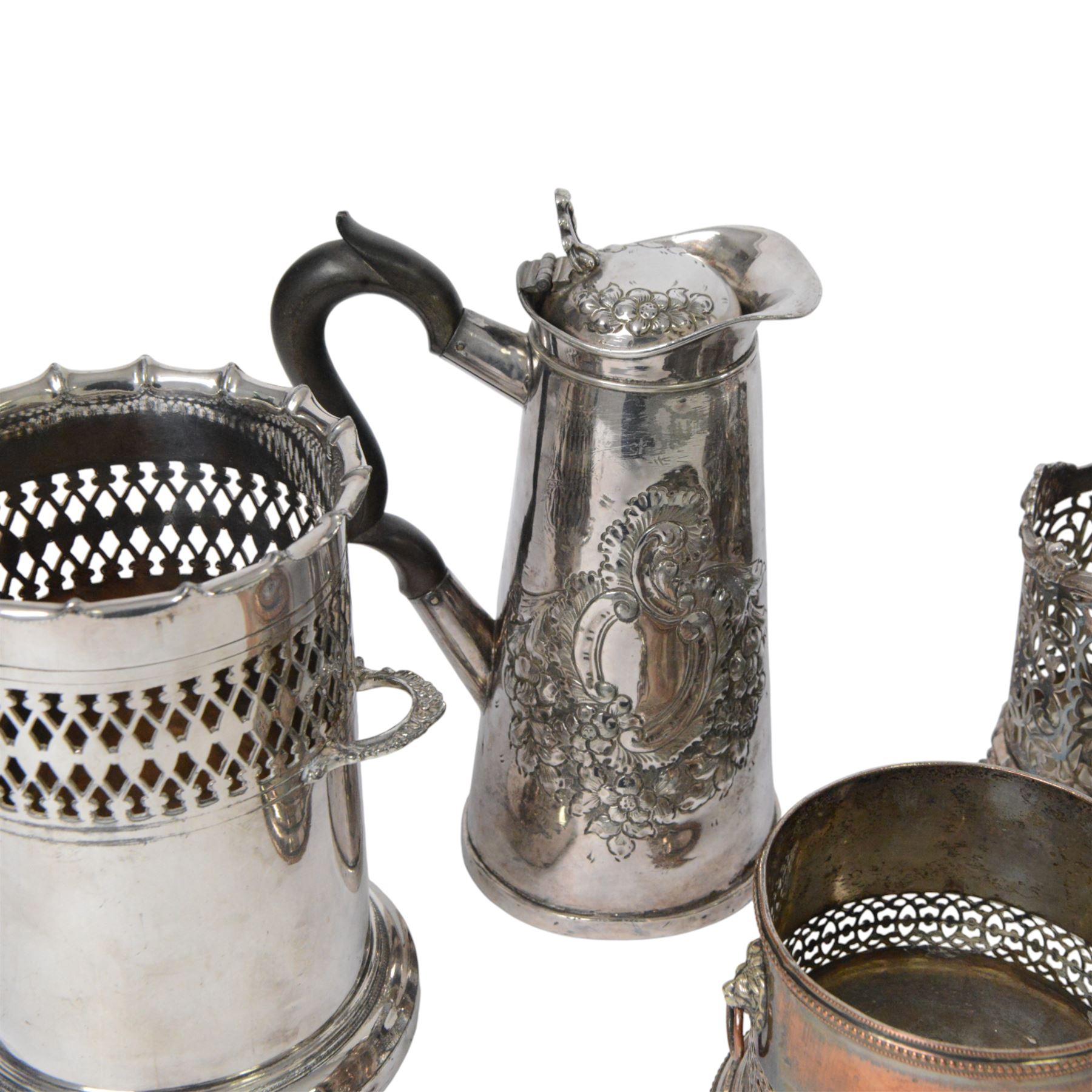 Silver plated twin handled bottle holder bottle, together with another bottle coaster and other plated items