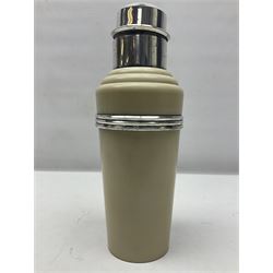 Art Deco 'The Master Incolor' cocktail shaker, in cream Bakelite and silver-plated, with a swivel panel in the cover revealing cocktail recipes, with makers mark beneath, H28cm