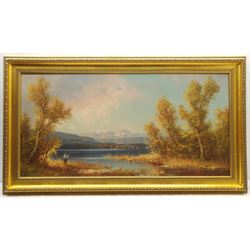 Hans Wagner (Continental 20th century): Fishing in a Mountainous Lake Landscape, oil on canvas signed 49cm x 100cm; Continental School (Early 20th century): Mountain Landscape, oil on canvas indistinctly signed 45cm x 56cm (a/f) in heavy gilt frame (2)