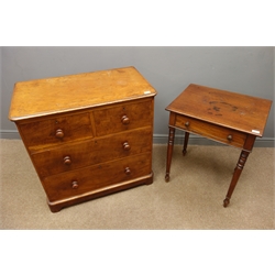  Victorian mahogany chest, two short and two long drawers, shaped plinth base (W91cm, H90cm, D51cm), and a Victorian mahogany side table, false drawer, turned supports  
