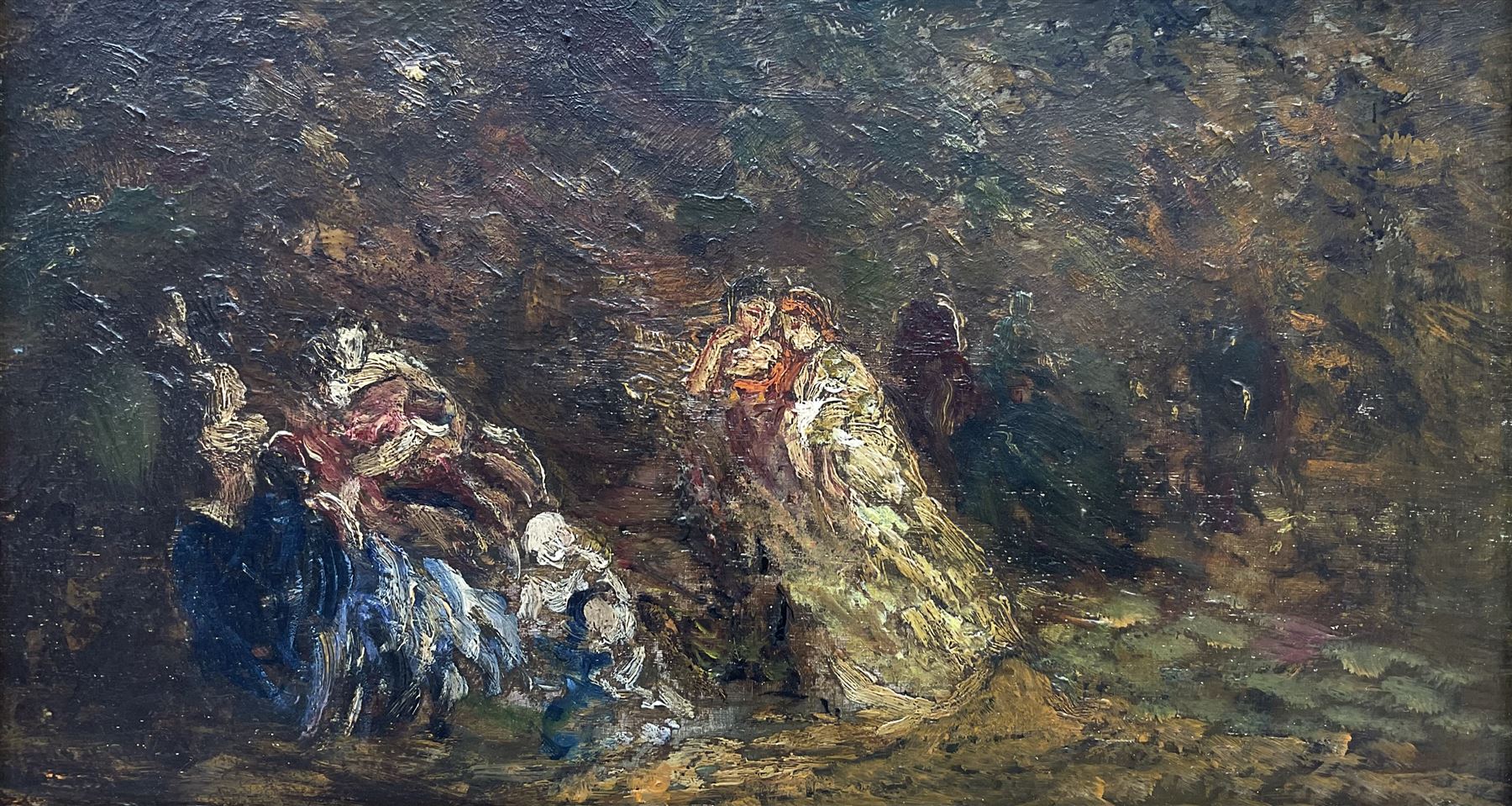 Manner of Adolphe Monticelli (French 1824-1886): Ladies in a Forest, oil on panel unsigned 19.5cm x 35.5cm 