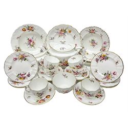 Royal Crown Derby Posies pattern tea service for six, comprising teapot, milk jug, open sucrier, cups and saucers, dessert plates and cake plate, together with matching pattern plates and bowls (28) 