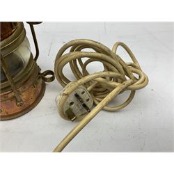 Ships mast head, copper anchor light, by Seahorse, wired for electricity, together with Protector Lamp & Lighting Co Ltd miner's safety lamp, type 6 and J.M.W Ltd, miner's safety lamp,  type No. 1A