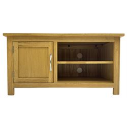 Contemporary oak television or media cabinet, rectangular top over single shelf and cupboard
