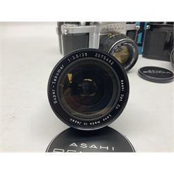 Asahi Pentax S1a camera body, serial no. 707071, with 'Super-Takumar 1:1.8/55' lens, serial no 2124044, together with Asahi Pentax Sv camera body, no. 1925617 with 'Super-Takumar 1:2/55' lens, serial no. 2770153, Asahi Pentax Meter, 'Super-Takumar 1:3.5/28' lens, serial no. 2075492 and 'Super-Takumar 1:4/150' lens, serial no. 1461613  