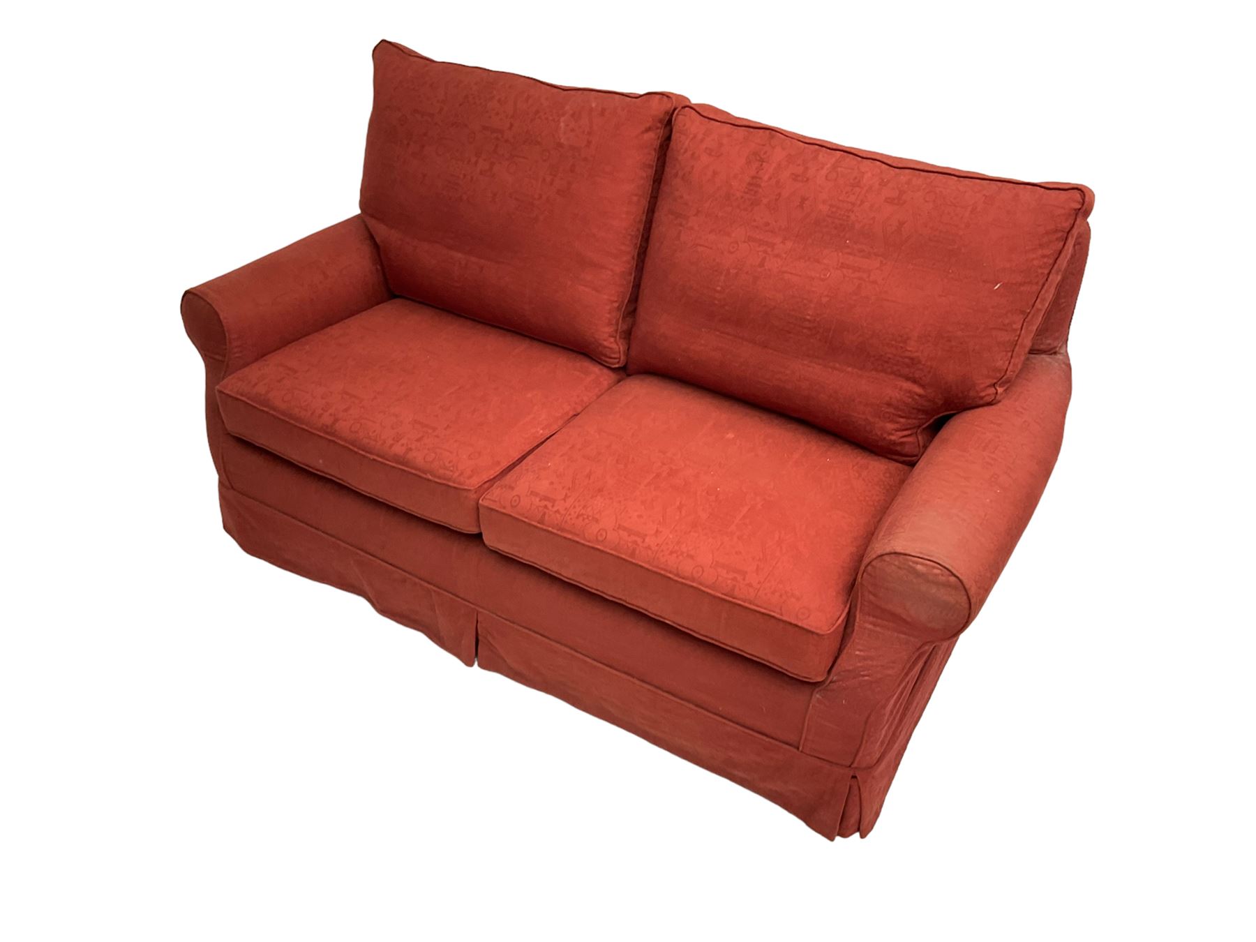 Multi-York - traditional shape two seat metal action sofa bed, upholstered in red patterned fabric