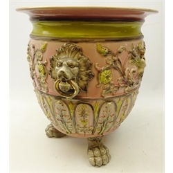  Large Victorian style jardiniere moulded with winged cherubs amongst foliage with two lion mask handles on three claw feet, H45cm x D45cm   