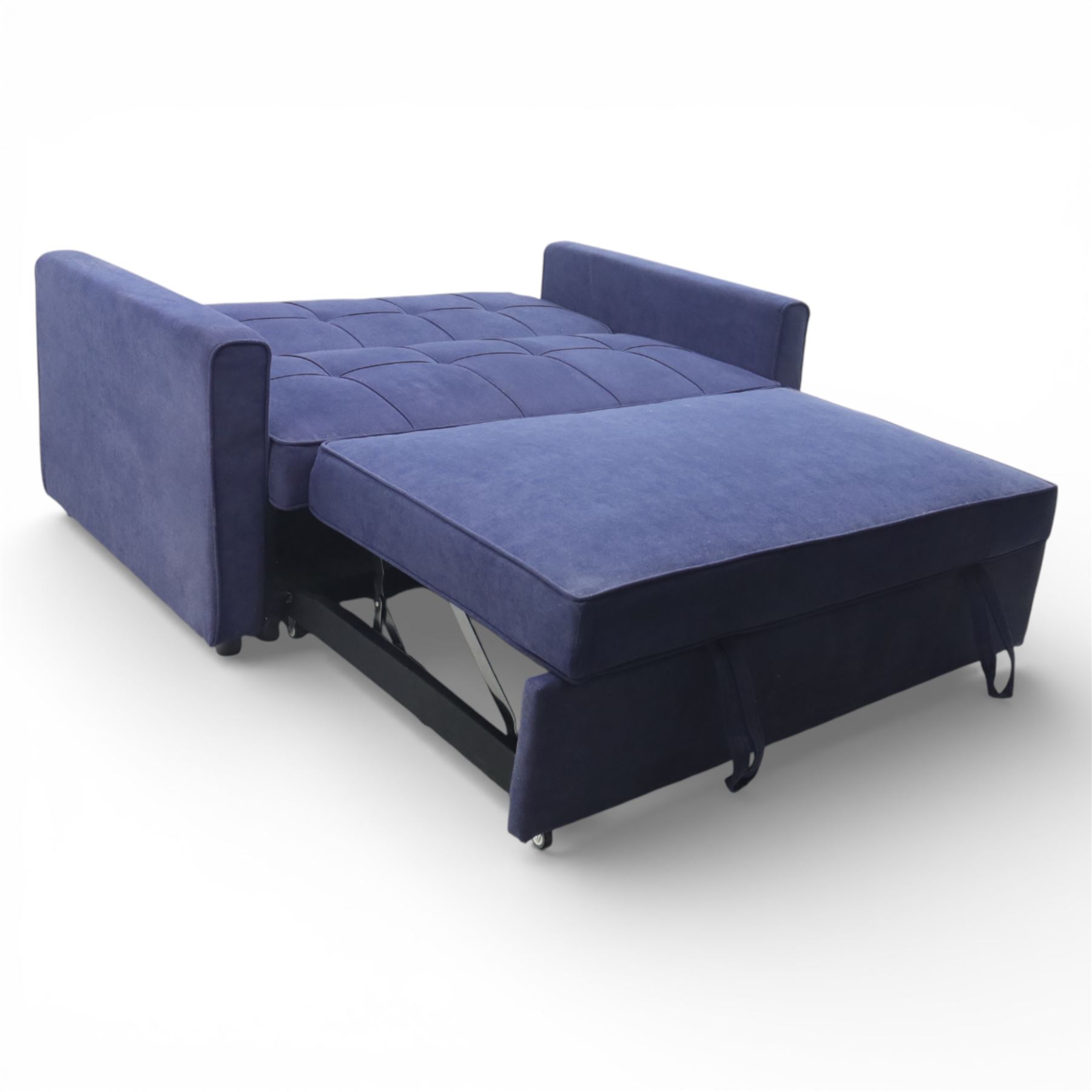 Modern two seat sofa bed upholstered in navy fabric, the rectangular back and seat divided into stitched square panels, with integrated button detailing, straight padded arms of square section, the seat back lowering and extending drawer base to form a sleeping platform