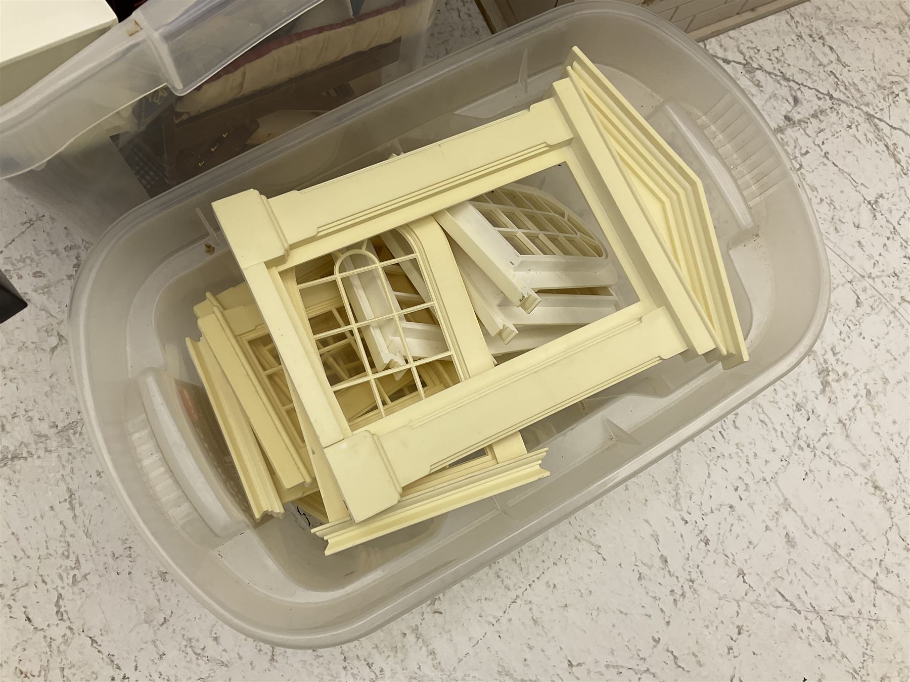 Georgian style paper lined wooden dolls house, three storey with wooden and plastic accessories and window fixtures, H90cm, W96cm, D52cm