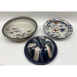 Collection of studio pottery, including bowl with light blue ground and floral decoration with flared lip, a covered dish with twisted handle and a large bowl. along with twenty eight Russian legends collectors plates by bradford exchange along with a number of other collectables, two boxes.