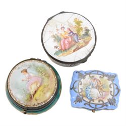Ten porcelain boxes, of various form, each with printed decoration of figures