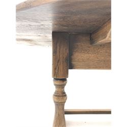 17th century style oval distressed light oak plank top dining table, rectangular stretcher base, L228cm, W150cm, H77cm