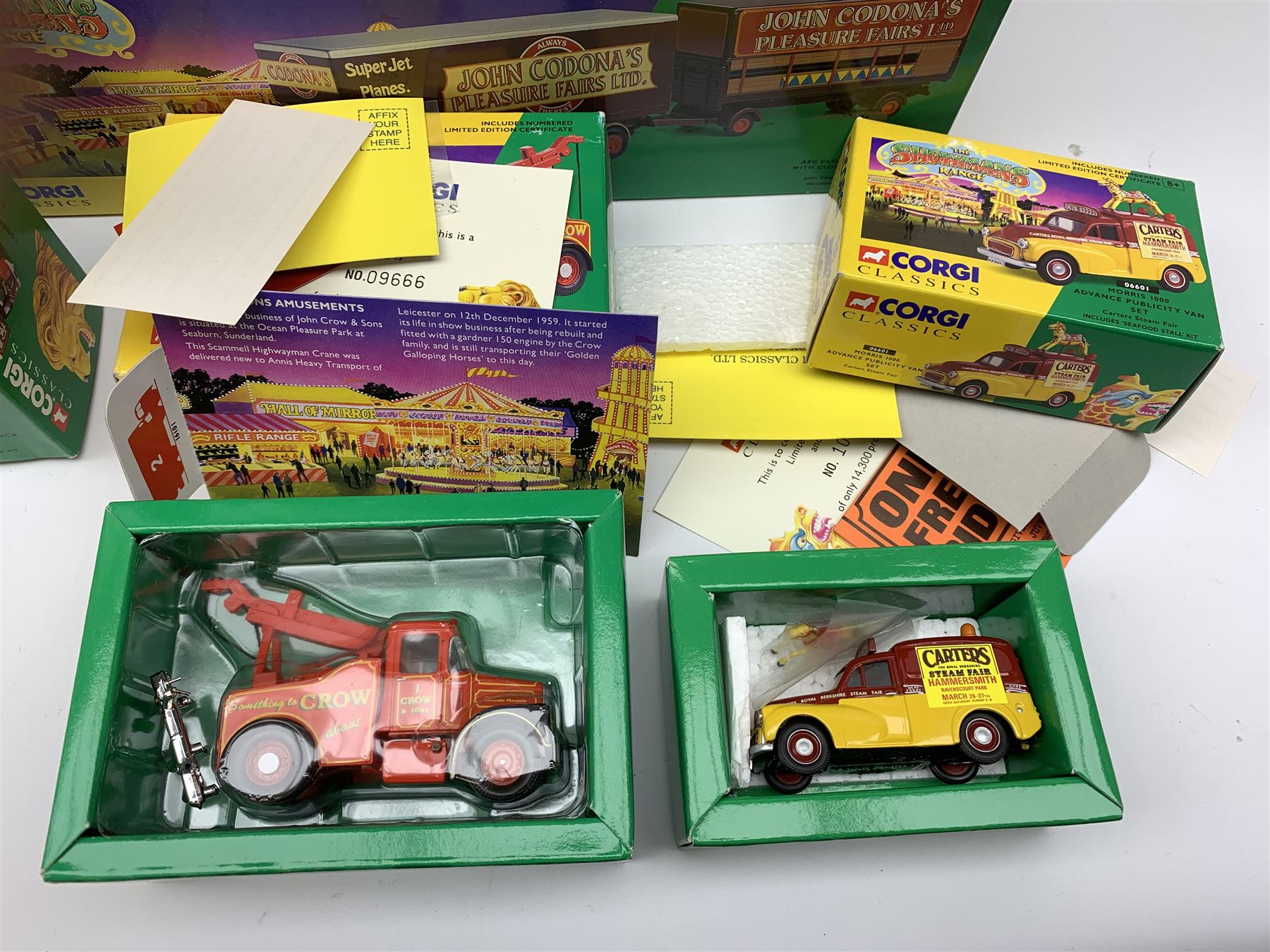 Corgi Showmans Range - twelve vehicles comprising 24801 Leyland Dodgem Truck & Caravan Set, 16501 Scammell Highwayman Ballast with Closed Pole Trailer & Caravan Set, 15901 Scammell Highwayman Generator with Closed Pole Trailer & Dodgem Trailer Set, 16502 Scammell Highwayman Ballast with Closed Pole Trailer & Caravan Set, 21701 AEC Closed Pole Truck with Closed Pole Trailer Set, 12601 Foden Closed Pole Truck Set, 27801 Atkinson Open Pole Truck Set, 09901 ERF Dodgem Truck & Box Trailer Set, 27602 Atkinson 8 Wheel Rigid Truck & Trailer with Loads Set, 24401 Leyland 8 Wheel Rigid Truck Set, 16101 Scammell Highwayman Crane Set and 06601 Morris 1000 Advanced Publicity Van Set; all virtually mint and boxed with certificates and paperwork (12)