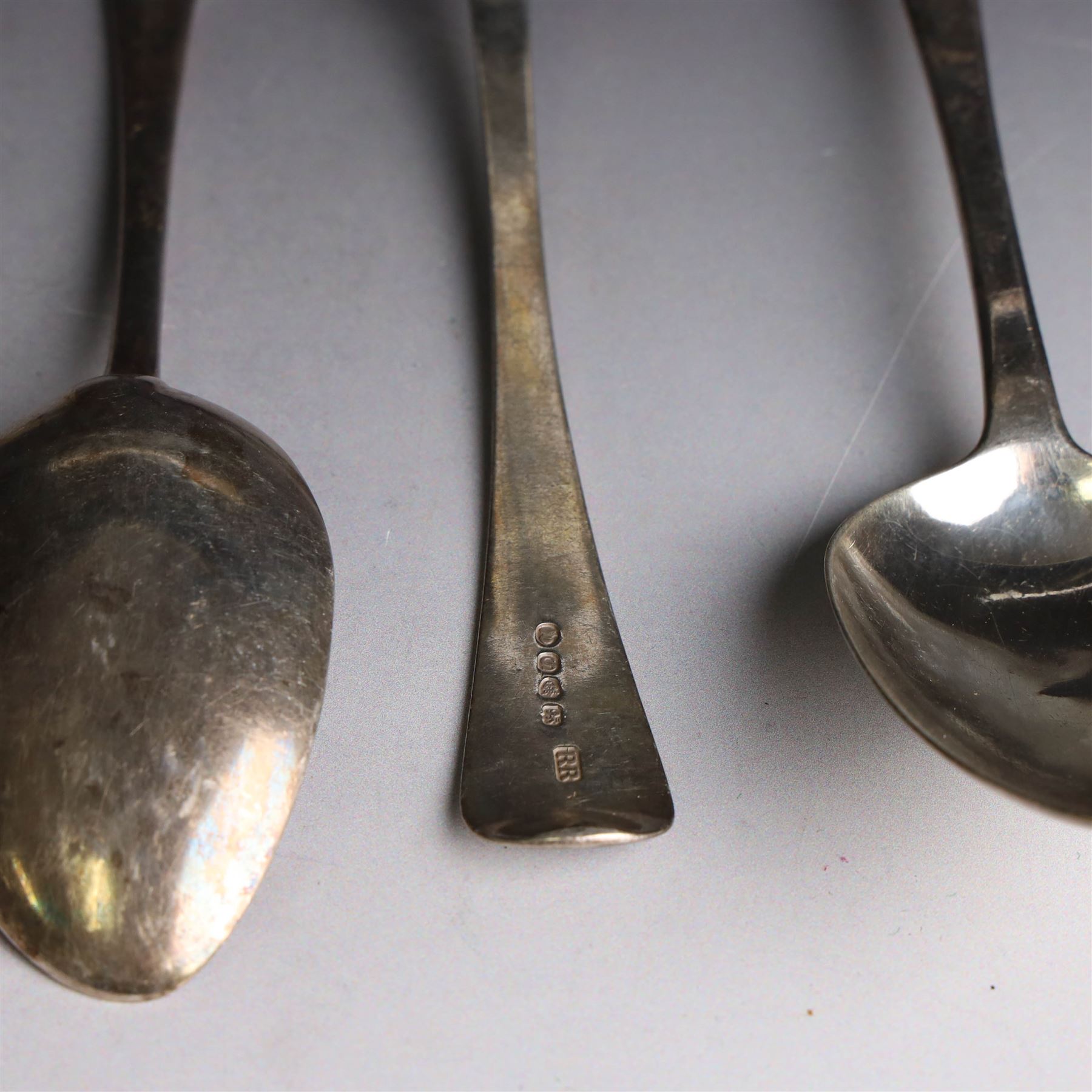 Ten Georgian and later silver table and dessert spoons, including pair of George III Old English pattern examples, engraved with fish to terminal, hallmarked London 1791, maker's mark ID and a pair of George III Old English pattern table spoons with engraved bird to terminal, George Smith (III) & William Fearn, London 1786