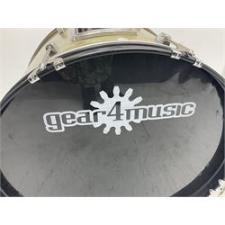 Composite seven-piece drum kit by various makers including Gear4Music, Yamaha and Hohner, comprising bass drum, four various toms, two snares and four graduated cymbals