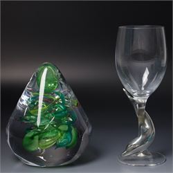 Glassware including Mats Jonasson Signature Collection dolphin sculpture, Swarovski 1990 Annual Edition dolphin model 'Lead Me', two Caithness vases, Caithness 'Christmas Tree' paperweight, Bohemia glass large dolphin model and wine glass with etched decoration, six boxed
