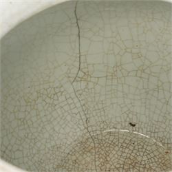 Late 19th century Chinese famille verte crackled ice pot and cover, of ovoid form, decorated with birds, blossom and bamboo, the cover with handle formed as a root, with hardwood display stand H50cm