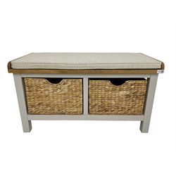 Roseland Farrow - oak and grey finish hallway bench with baskets and squab cushion 