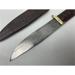 WW2 fighting knife, the 13cm blade by Priestman of Sheffield marked with scout and camp fire motif; two piece antler grip; in leather sheath crudely marked R.T. with a broad arrow L23cm overall Auctioneers Note: By family descent this knife was reputedly presented to Richard Towse during WW2 for guarding a group of POWs.