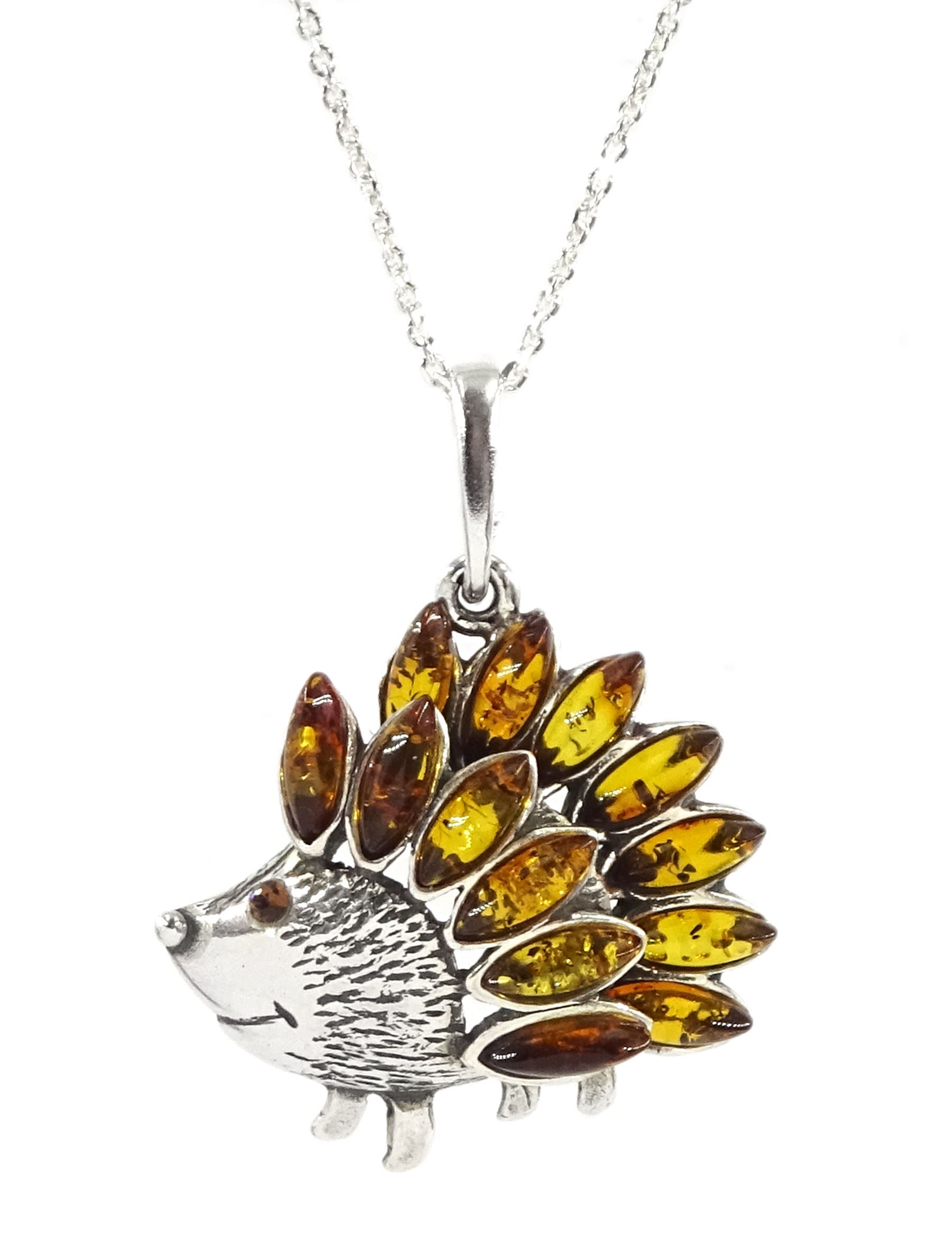 Silver amber hedgehog pendant necklace, stamped 925