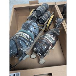 Collection of Shire horses, including Beswick and Sylvac examples, one with wooden cart and one with caravan, together with a Beswick donkey figure