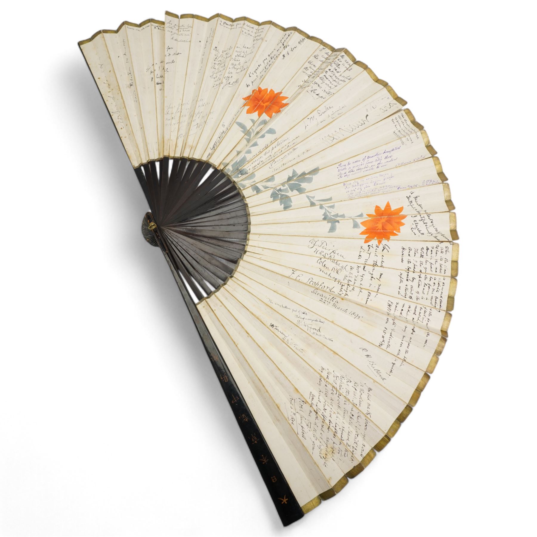 Late 19th century Japanese hand painted paper and stained bamboo folding fan, decorated to both sides with birds and flowers, with handwritten dedications and verse by various Royal and US Navy personnel between 1894-1896 at various locations, including St Lucia, Mexico and Colon, signatures including Captain of HMS Tartar Commander Frederick G. Stopford,  W.F. Turpin of USS Raleigh, and Jack M. Dawson '150' paratrooper, in original box, L68cm