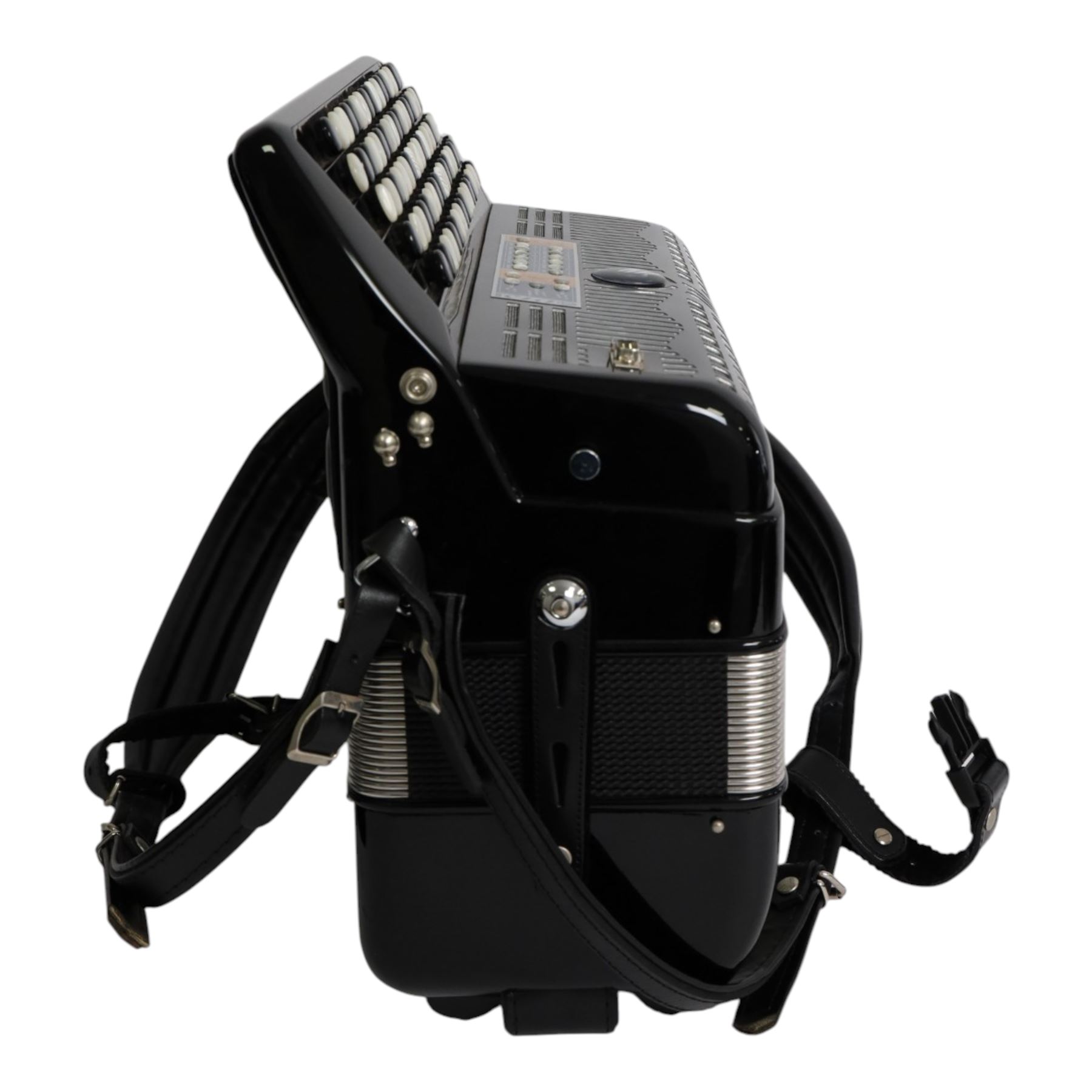 SEM Ciao 5-row digital reedless chromatic button midi-accordion, with 87-black and white buttons and 120 bass buttons, in black high gloss case, with carry strap and original hard carrycase