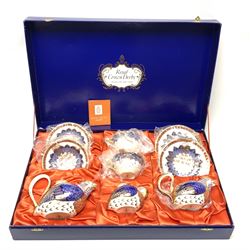 A Royal Crown Derby Quail teaset, comprising teapot, milk jug, and sucrier, all modelled in the form of quails, two cups, two saucers, and two side plates, decorated in the Imari palette, with printed marks beneath, in fitted makers box. 