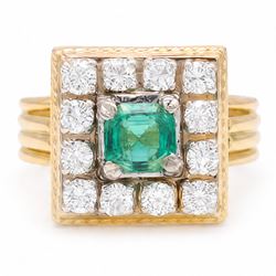 French 18ct gold emerald and diamond cluster ring, single octagonal cut emerald of approx ...