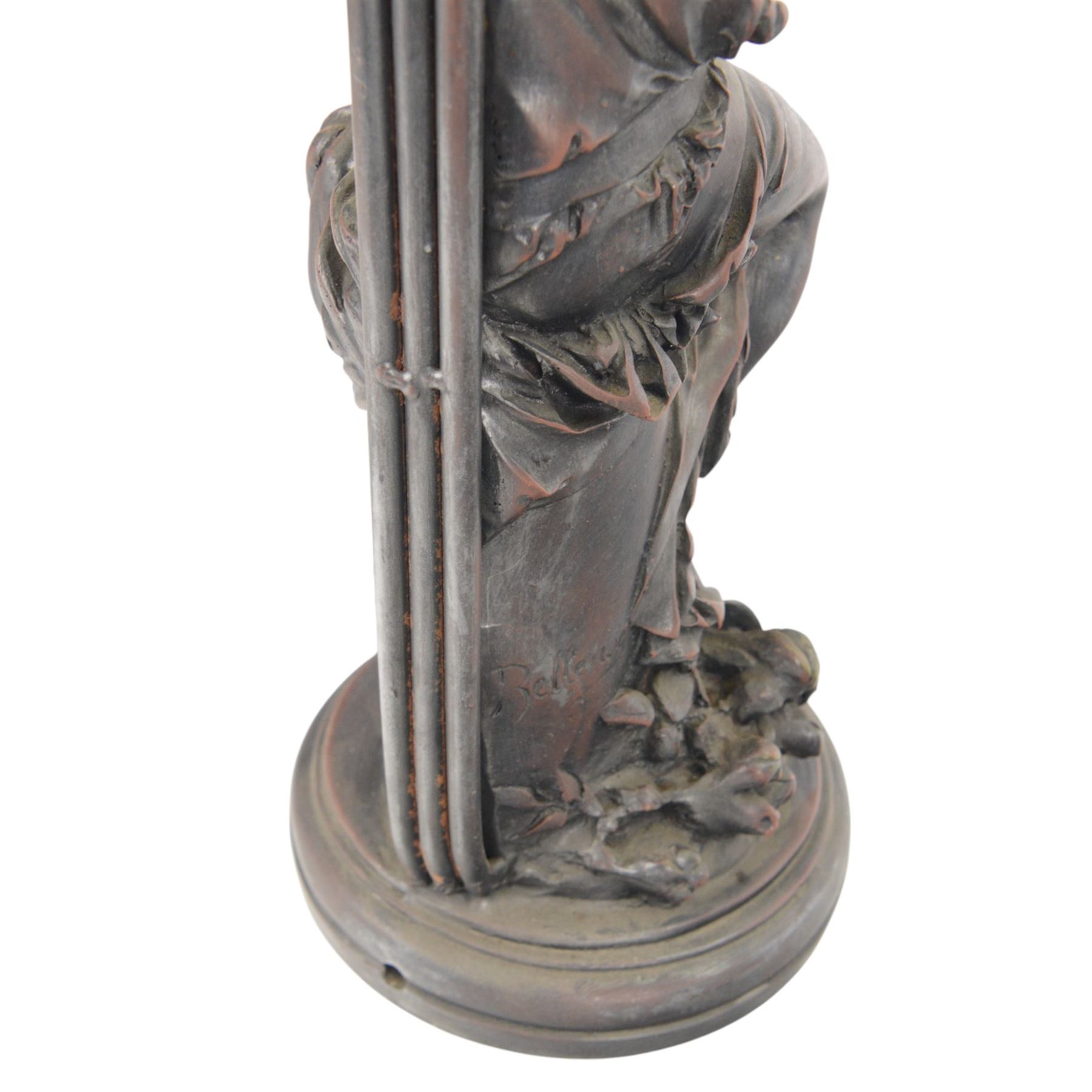 20th century composite figural table lamp with three floral moulded glass shades, H88cm
