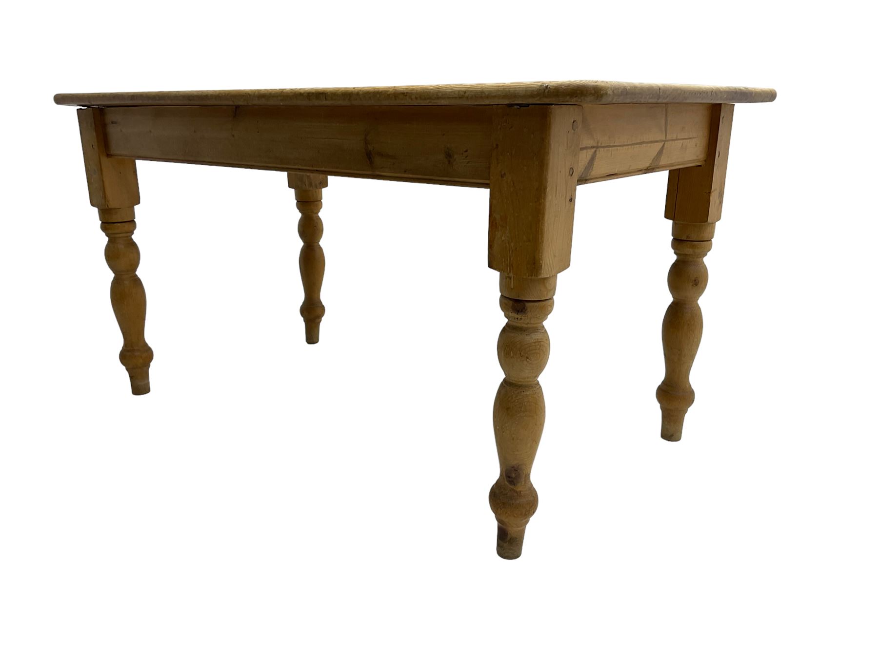 Traditional pitch pine farmhouse table, rectangular top raised on turned supports