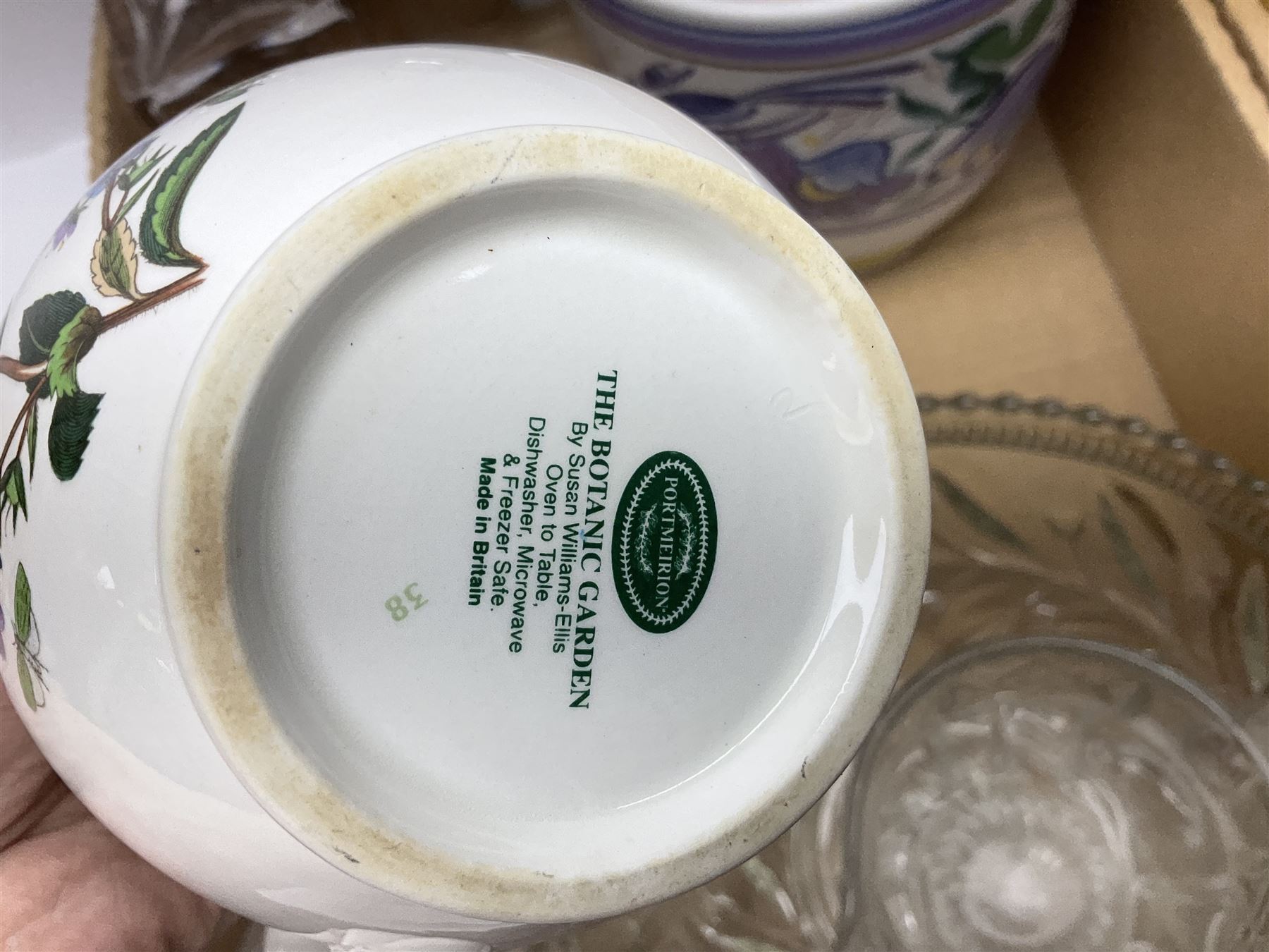 Portmeirion Botanic Garden jug, Poole Pottery planter, Denby coffee pot, Wedgwood Jasperware trinket box, Le Creuset oven dish and a collection of other ceramics, etc, in four boxes 